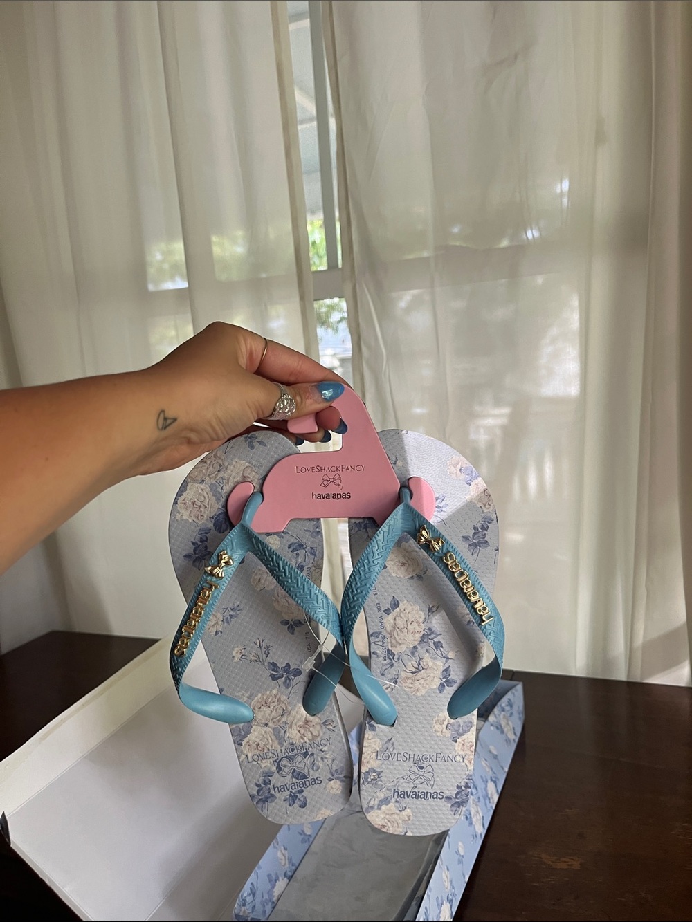 Loveshack fancy Havaianas Light Blue Floral Flip Flops with Gold Accents
